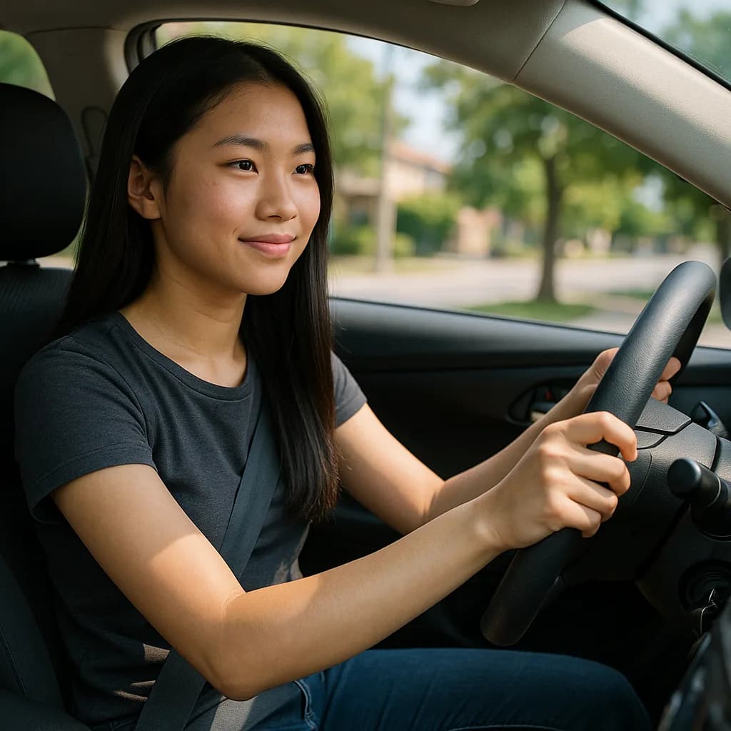Young Asian woman smiling while sitting in driver's seat holding steering wheel